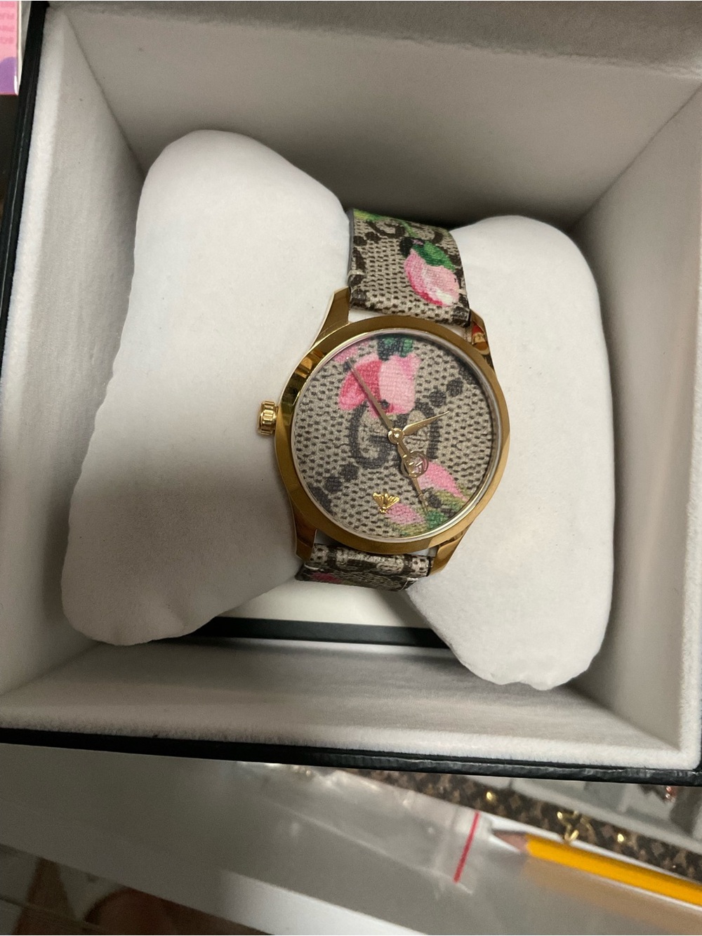 Gucci Gold-Tone Watch with Pink Floral Strap